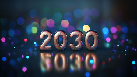 Metallic 2030 Year Display Against Soft Focus Dazzling Color Bursts for Calendars and Planning Aheadの素材