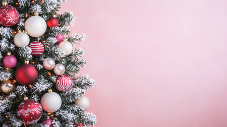A Beautiful Snowy Christmas Tree Scene with Colorful Ornaments and Elegant Blank Space for Textの素材