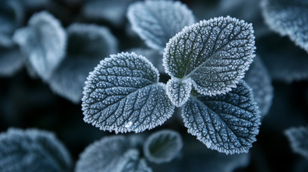 Frosty Plant Leaves with Intricate Patterns Showcasing Nature s Cold Artistry in Winter s Embraceの素材
