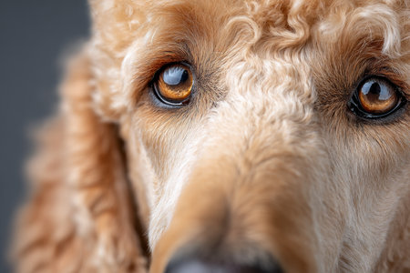 Adorable Brown Poodle with Wavy Fur and Expressive Eyes on Gray Background for Home Decorの素材