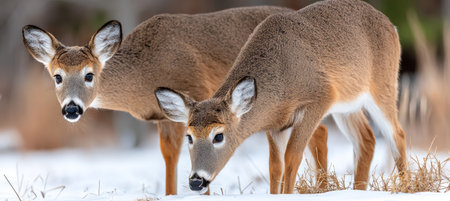Two Whitetail Deer Foraging Together in a Snowy Field, Showcasing the Beauty of Winter Wildlifeの素材
