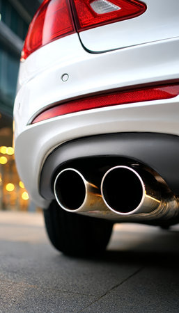 Sleek Car s Tail with Dual Exhaust and Chrome Trims, Captured in a Close-Up from an Angled Viewの素材