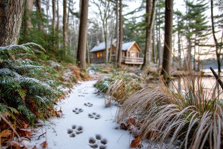 A Snowy Path with Footprints Leading to a Cozy Cabin Surrounded by Tall Trees and Winter Wildlifeの素材