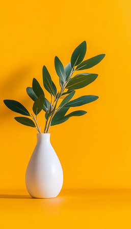 Chic Still Life with Emerald Green Leaves in White Vase Against Bright Yellow Background for Decorの素材