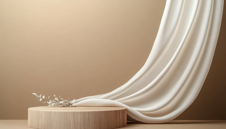 Elegant Presentation Podium with Silk Drape and Smooth Brown Backdrop for Studio Style Shootingの素材