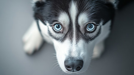 Captivating Siberian Husky with Striking Blue Eyes and a Mischievous Expression in Soft Lightingの素材