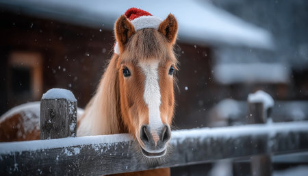 Festive Horse in Winter Wonderland with Santa Hat and Joyful Holiday Spirit in Snowy Landscapeの素材