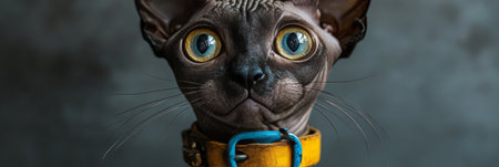Closeup of a Hairless Cat with Intense Stare, Bright Blue Eyes, and Distinct Yellow Collar Detailの素材