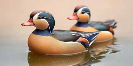 Serene Mandarin Duck Pair Swimming in Beautiful Reflections Among Autumn Hues on Placid Watersの素材