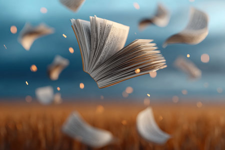 Floating Literary World with Pages in Flight, Offering Knowledge and Imagination in Motionの素材