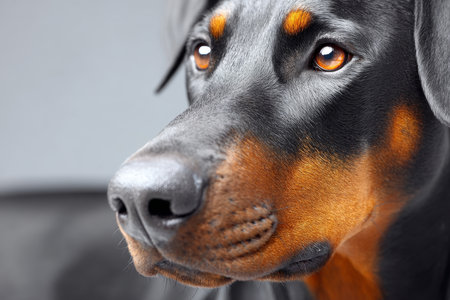 Captivating Close-Up Portrait of a Charming Doberman Dog Against a Minimalist Gray Backgroundの素材