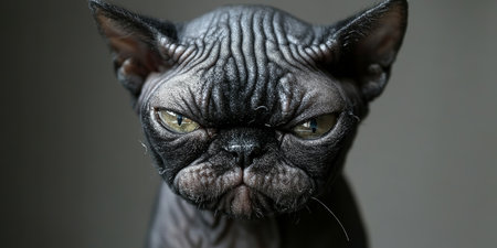 Captivating Sphynx Cat with Intense Green Eyes Against a Gray Background, Evoking Deep Emotionsの素材