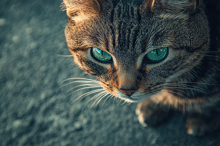 Stunning Close-up of an Ocicat with Striking Green Eyes and Unique Markings on a Soft Backgroundの素材