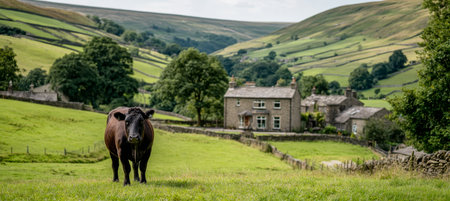 Serene Cow Idyll in a Picturesque Pasture Scene Tranquil Countryside with Lush Green Fieldsの素材