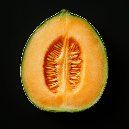 Sliced Cantaloupe Revealing Juicy Orange Flesh on a Black Background for Minimalist Appealの素材
