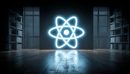 Futuristic Laboratory Scene Featuring Glowing Atom Symbol and Light Refraction on Scientific Surfaceの素材