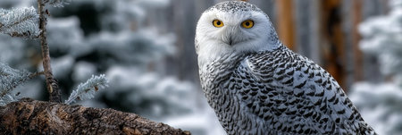 Snowy Owl Perched on Frosty Branch, Vigilantly Scanning the Beautiful Winter Landscape Belowの素材