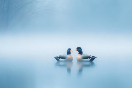 Graceful Pair of Mallard Ducks Floating Calmly on Misty Waters at Dawn, Capturing Nature s Serenityの素材
