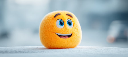 Cheerful 3D Golden Emoji Character with Big Blue Eyes Smiling in a Winter Wonderland Backgroundの素材