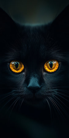 Majestic Black Cat with Striking Golden Eyes Captured in Enigmatic Nighttime Serenityの素材