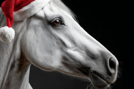 Elegant White Horse Wearing a Festive Santa Hat in a Classic Studio Background for Christmas Joyの素材