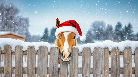 Festive Horse Dressed in Holiday Attire and Adorned with Seasonal Decorations Overlooking a Fenceの素材