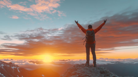 Inspiring silhouette of a hiker standing tall on a mountain peak during a vibrant sunset sky.の素材