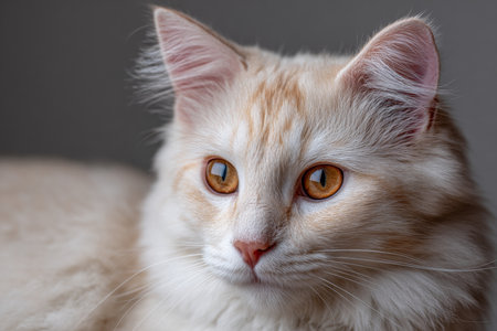 Elegant Turkish Angora Cat with Captivating Gaze and Stunning Amber Eyes on Neutral Backgroundの素材