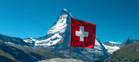 Stunning Swiss Landscape Featuring the Majestic Matterhorn Peak and Iconic Swiss Flag Under Blue Skyの素材
