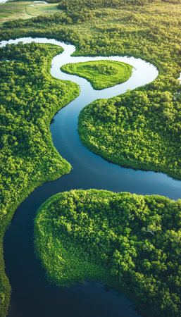 Aerial view of a serene river winding through vibrant wetlands, showcasing nature s beauty.の素材