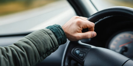 Close-up of a Hand Gripping the Steering Wheel for Enhanced Driving Safety on the Open Roadの素材