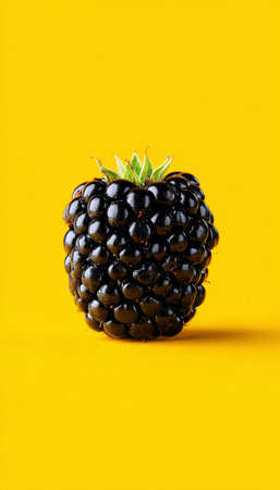 Close-Up of a Juicy Blackberry with Dewy Skin Against a Bright Yellow Background, Capturing Detailの素材