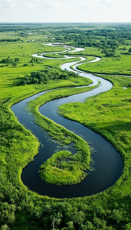 Winding Serpentine River Flowing Through Lush Green Wetland Paradise Under Bright Blue Skyの素材