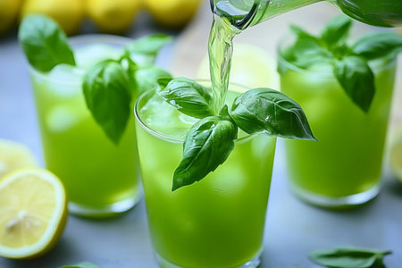 Refreshing Basil Lemonade with Basil Garnish and Lemon Slices in a Glass for Summer Enjoymentの素材