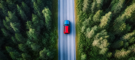 Aerial View of a Car Driving Through Lush Green Forests in the Beautiful Finnish Countrysideの素材
