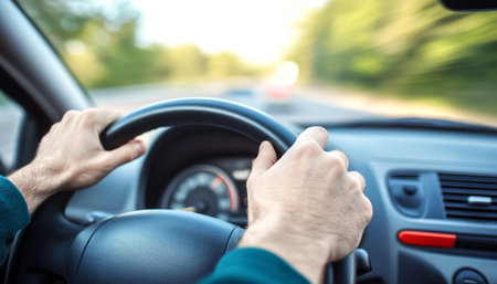 Driver Focused on Safe Driving with Hands on Steering Wheel, Ensuring Smooth and Comfortable Journeyの素材