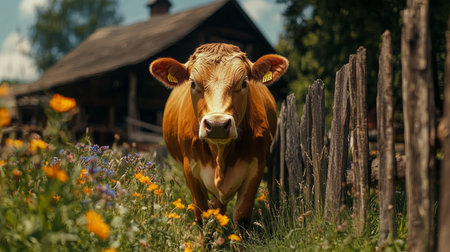 Brown Jersey Cow Grazing Peacefully in a Scenic Countryside with Wildflowers and Rustic Barnの素材