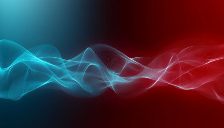 Elegant Glowing Waveforms Gradient Transition Between Deep, Cool, Red Colors on Artistic Background.の素材