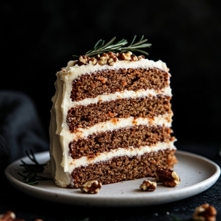 Deliciously Layered Carrot Cake with Cream Cheese Frosting, Topped with Rosemary and Walnutsの素材
