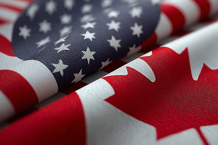Intertwined Flags of America and Canada in Close Up Symbolizing North American Unity and Allianceの素材