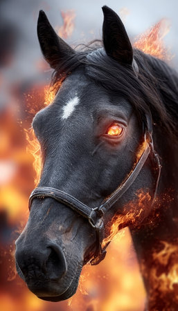 Majestic Black Stallion Charging Through Fiery Inferno, Unleashing Wild Spirit and Power Withinの素材