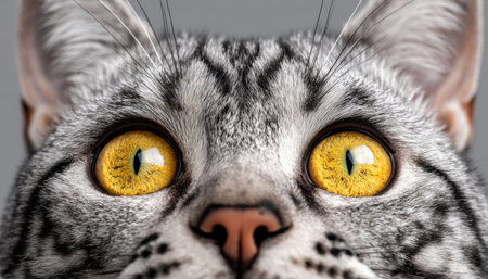Charming Silver Australian Mist Cat with Striking Yellow Eyes and Unique Fur Pattern in Close-Upの素材