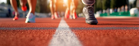 Close-Up of Competitive Athletes at the Start Line on a Running Track, Ready to Sprint Forwardの素材