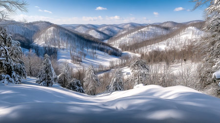 Serene Winter Wonderland A Captivating Scene of Snow-Kissed Hills, Frozen Trees, and Tranquility.の素材