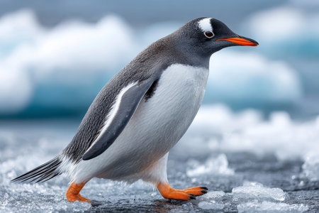 Gentoo Penguin Waddling on Ice in Antarctic Waters, a Unique Flightless Bird of the Cold Regionの素材