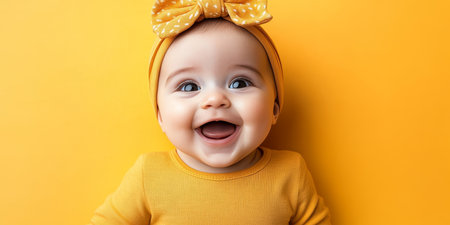 Adorable baby girl in bright yellow outfit with a cute bow, laughing joyfully in a sunny setting.の素材