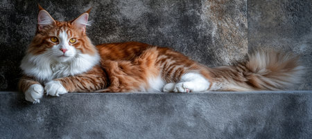 Stunning Portrait of a Maine Coon Cat with Orange and White Fur and Bright Amber Eyes at Homeの素材