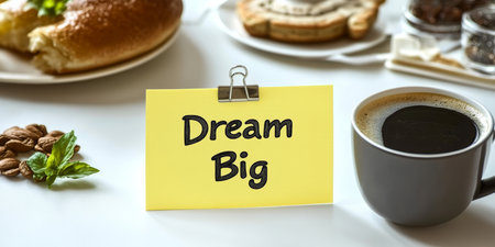 Morning Inspiration Embrace Big Dreams with a Cozy Coffee and a Tasty Treat on Your Deskの素材