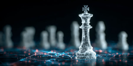 A Stunning 3D Illustration of a Dominant Chess King Surrounded by Futuristic Network Elementsの素材