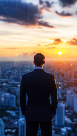 Ambitious leader embraces new future as skyline opens golden opportunities in modern architecture.の素材